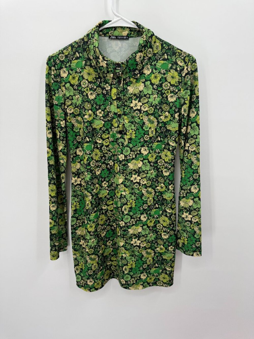 Zara Green Floral Long Sleeve Collared Polo Mini Dress Size S